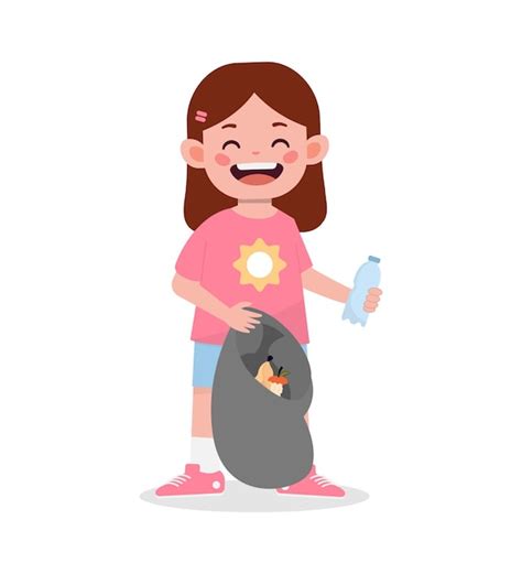 Premium Vector Happy Cute Kid Girl Collect Trash Cartoon Illustration