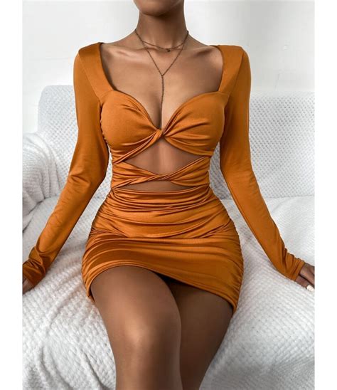 Buy Solid Bodycon Sexy Hollow Out Pleated Mini Dress Shestar