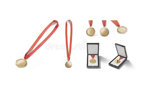 Blank Gold Medal With Red Ribbon Mockup Different Views Stock