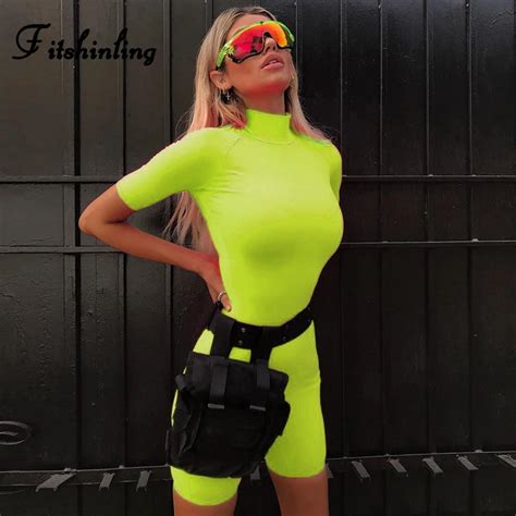 Fitshinling Turtlenecks Fitness Jumpsuit Women Romper Fluorescence Neon