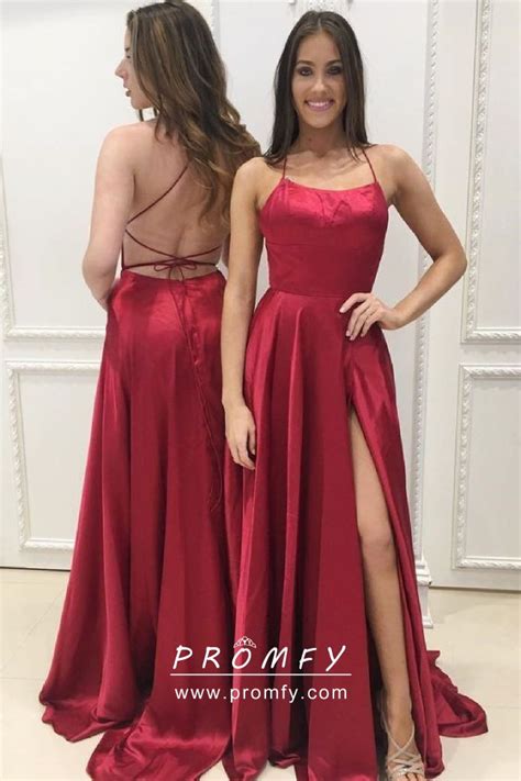 Sexy Simple Red Satin Thigh Slit Open Back Spaghetti Straps Prom