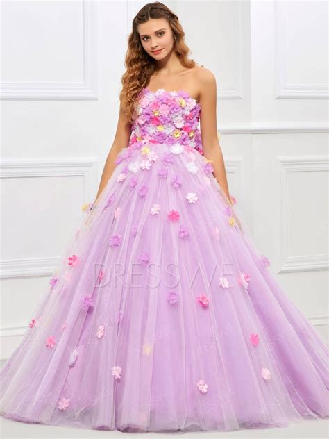 Fairy Flower Applique Strapless Bowknot Back Quinceanera Ball Gown In