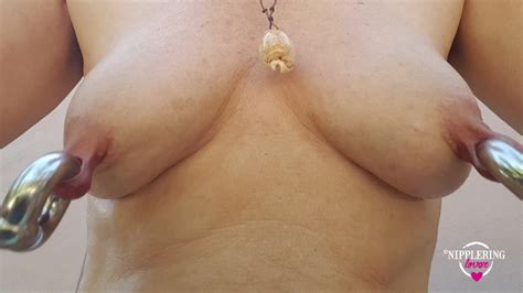 Nippleringlover Inserting Double Big Heavy Rings In Extremely Stretched Large Gauge Nipple