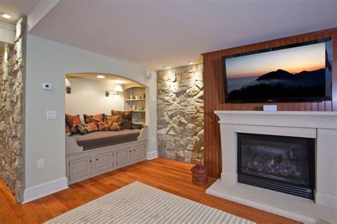 Basement renovation with rustic stone walls