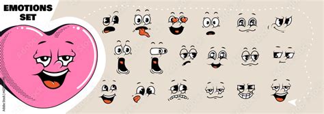 Cartoon Retro Faces Vintage Emotional Face Old Style Funny Eyes And