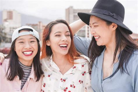 Asian Women Friends Having Fun Outdoor Happy Trendy Girls Laug Sun