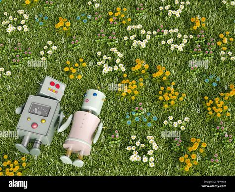 Male And Female Robot Lying In Flower Meadow 3d Rendering Stock Photo