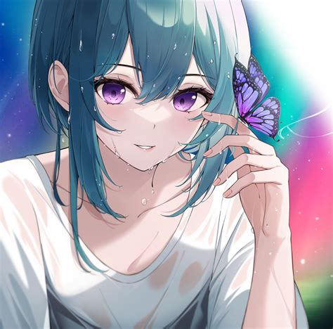 Anime Girls Anime Digital Art Artwork Blue Hair Purple Eyes Butterfly White Shirt Looking At