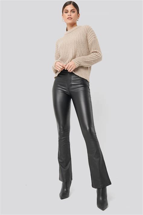 Tight Leather Pants Leather Trousers Beige Sweater Ribbed Sweater