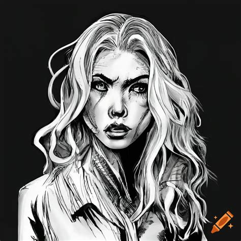 Black And White Comic Book Art Of A Blond Woman With Long Hair