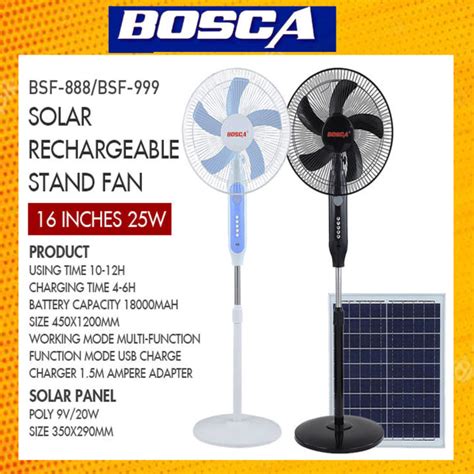 Bosca Solar Rechargeable Fan 16 Inches 25w Stand Fan Floor Fan Bsf 888 Bsf 999 Mute And Energy
