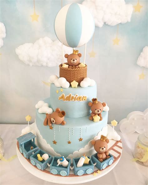 Baby Shower Cake For Baby Boys Teddy Bears Hot Air Balloon And Train