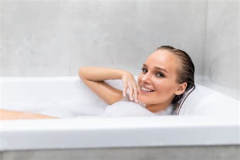 Young Beautiful Woman Relaxing In Foam In A Bathtub Stock Image Image Of Bathroom Naked