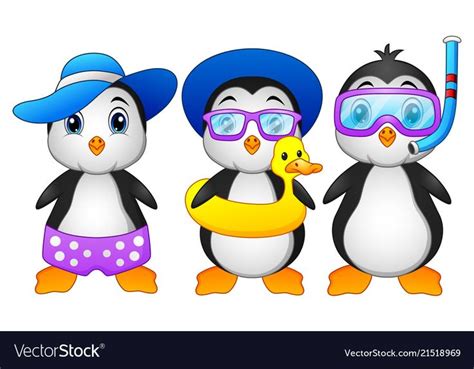 Three Penguins Wearing Hats And Swimming Goggles