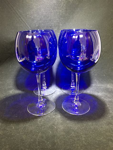 Vintage Cobalt Blue Clear Stem Wine Water Glasses 10 Oz Set Of 4