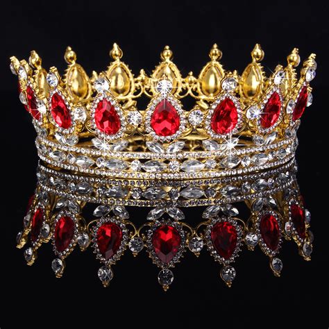 2 Height Gold Plated Red Rhinestone Crystal Tiara Crown