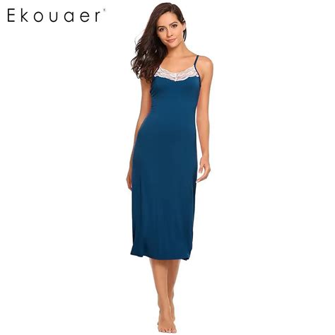 Ekouaer Sexy Lingerie Night Dress Sleepwear Women Sleeveless Lace Trim Spaghetti Strap Nightie