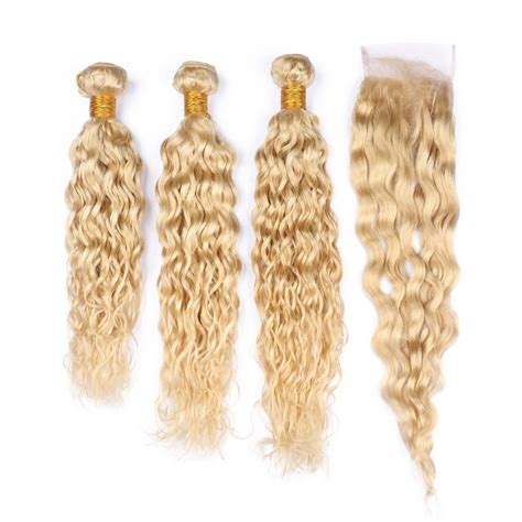 Blonde Water Wave Human Hair Bundles With Lace Closure Hair Extensions Wet And Wavy