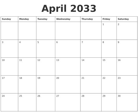 April 2033 Blank Calendar Template