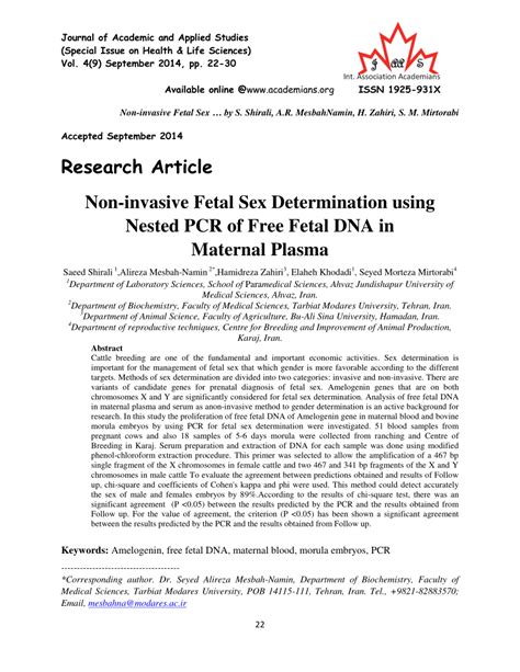 Pdf Non Invasive Fetal Sex Determination Using Nested Pcr Of Free Fetal Dna In Maternal Plasma
