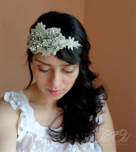 bridal headband bling crystals gems art deco wedding rhinestone beaded silver clear stone or