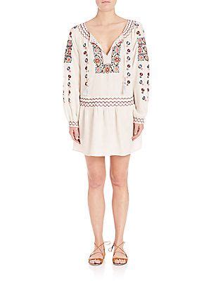 Calypso St Barth Cantoral Embroidered Silk Drop Waist Dress In Candle