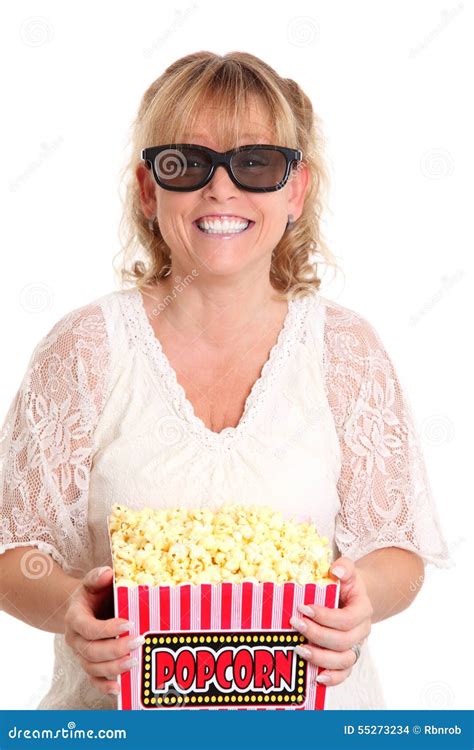 Amazed Woman With Popcorn And 3D Glasses Stock Photo Image Of Blue