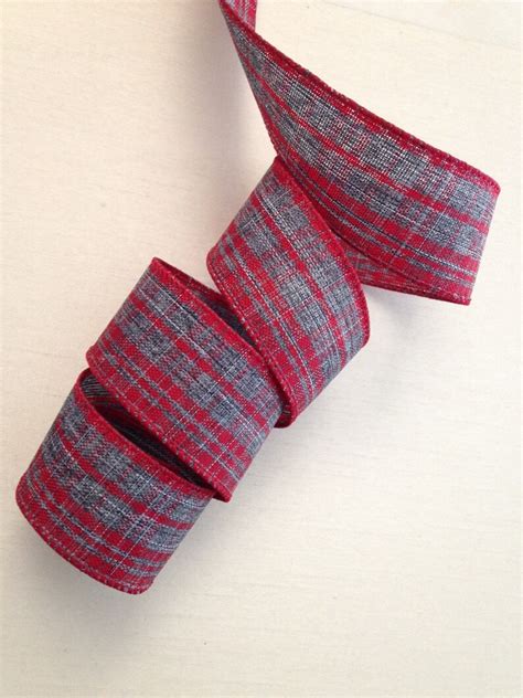 Red And Gray Plaid Ribbon Wired Ribbon 1 12 Wide 5 Etsy