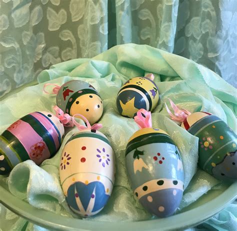 Vintage Easter Egg Ornaments Handpainted Wood Ornaments Easter Decorations Wooden Easter Eggs