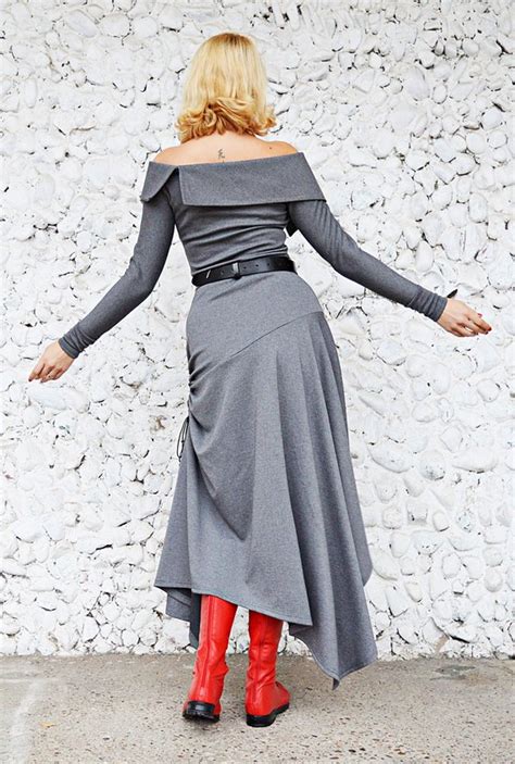 Gray Jersey Dress Asymmetrical Maxi Dress Tdk280 Teyxo