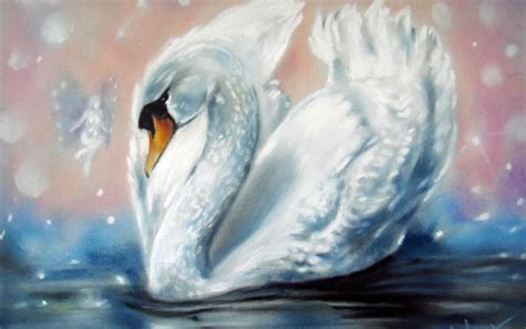 Painting Swan White Wings Water Fairy Wallpaper