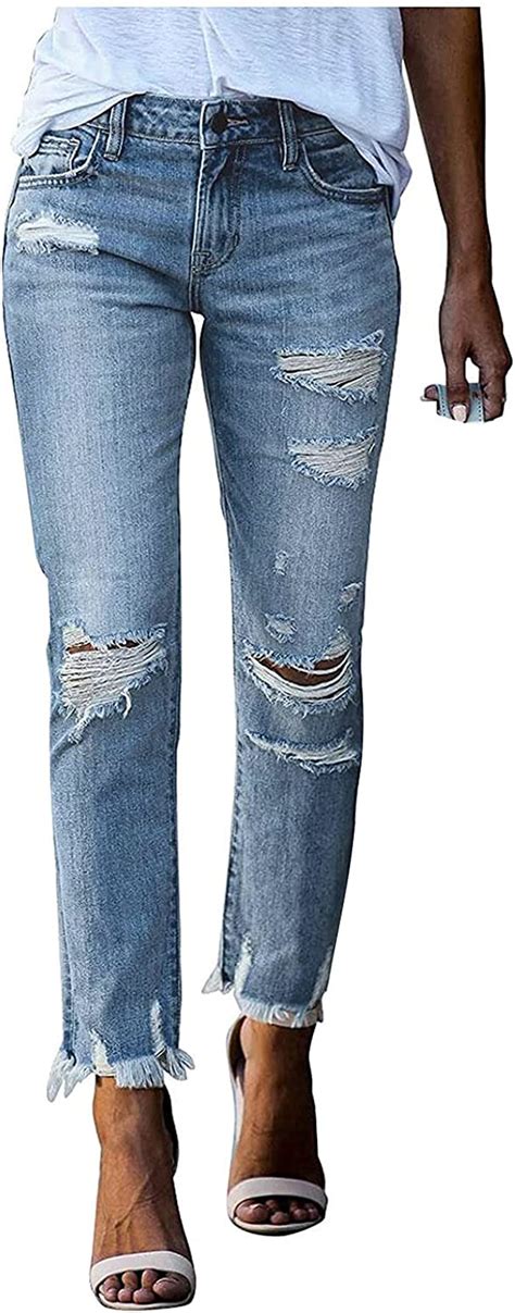 Cut Off Denim Pants For Women Frayed Destoryed Straight Leg Jeans