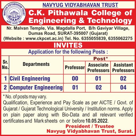 C K Pithawala College Of Engineering And Technology Applications Are