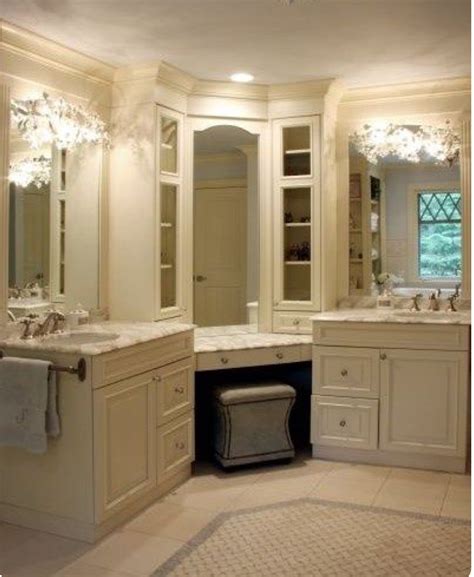 Our vanities are especially designed to increase your bathroom's storage area without taking up too much space. I love how this bathroom has a built-in vanity. | Home, Dream bathrooms, His and hers sinks