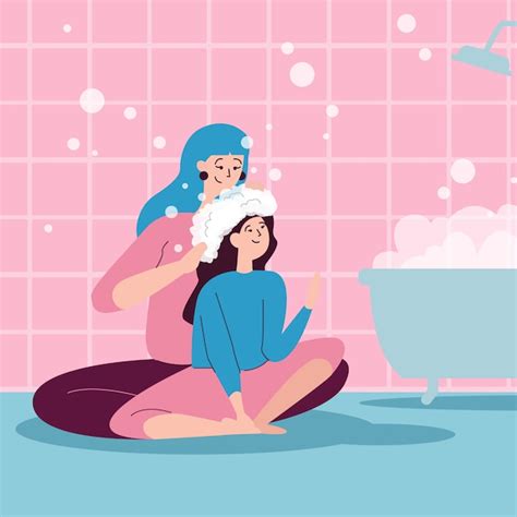 Premium Vector Mom Washing Her Daughters Hair