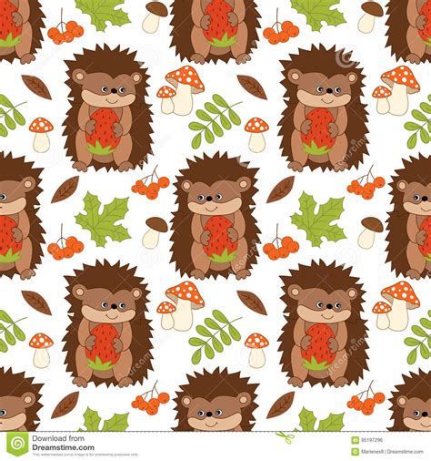 Vector Seamless Pattern With Cute Hedgehogs Mushrooms Berries And