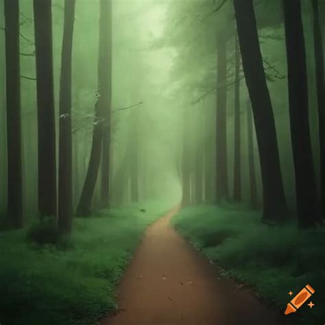 Realistic Depiction Of A Foggy Forest Path With Flowers