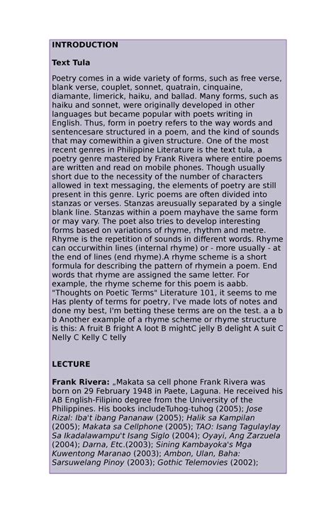 Literature Text Tula Lecture Notes 1 Philippine Literature Lspu
