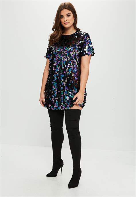 Lyst Missguided Curve Black Sequin T Shirt Dress In Black
