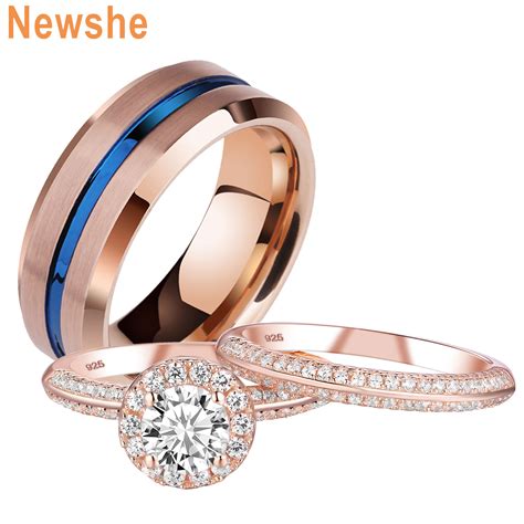 Newshe Wedding Rings Set For Him And Her Women Men Tungsten Bands Rose