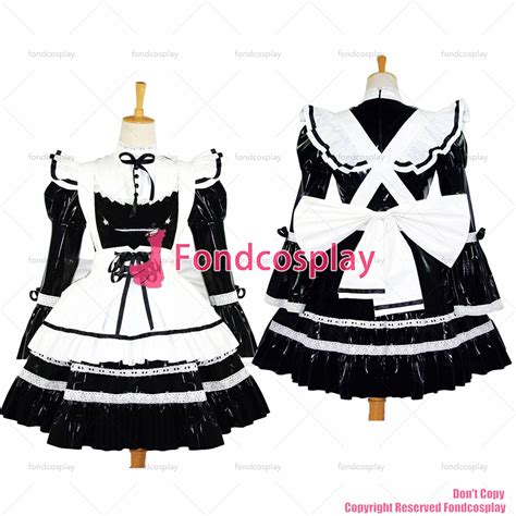 Fondcosplay Adult Sexy Cross Dressing Sissy Maid Short Black Thin Pvc Dress Lockable Uniform