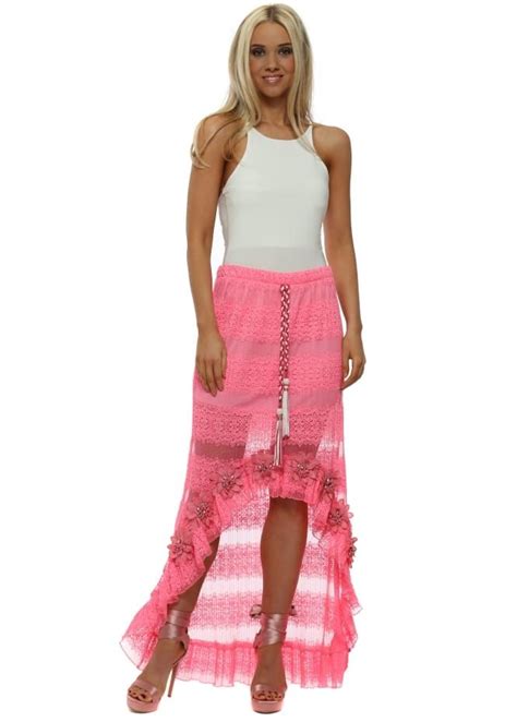 Hot Pink Floral Diamante Hi Lo Maxi Skirt Hot Pink Floral Skirts Pink Lace Skirt