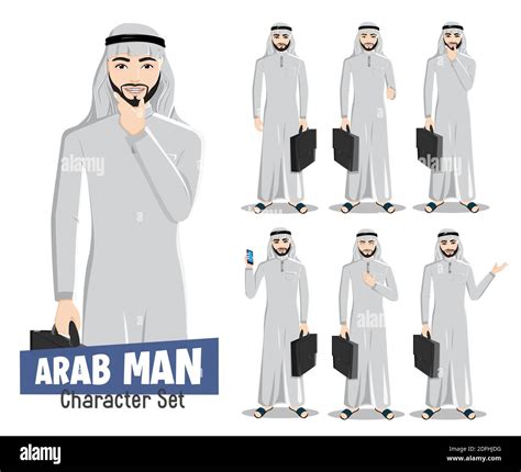 Arab Man Character Vector Set Saudi Arabian Male Characters Holding Bag Element In Thinking And