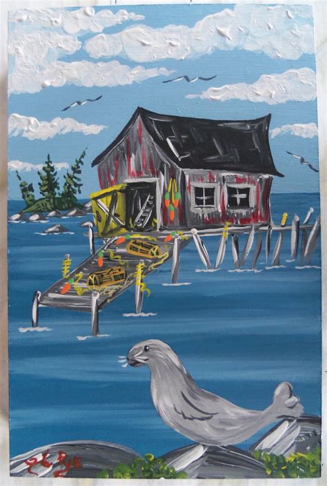 Original Painting Nautical Artwork Fishing Shack Seal Folk Art Nova