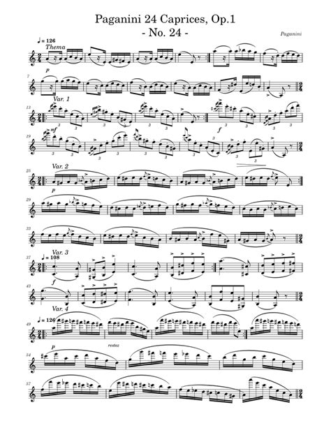 Paganini 24 Caprices Op1 No 24 Sheet Music For Violin Solo
