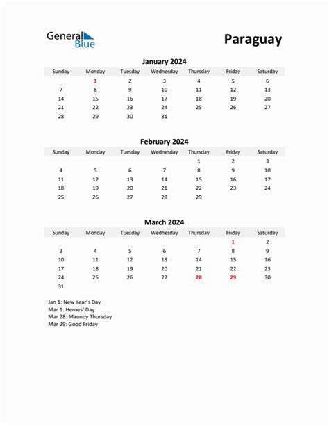 Printable Quarterly Calendar With Notes And Paraguay Holidays Q1 Of 2024
