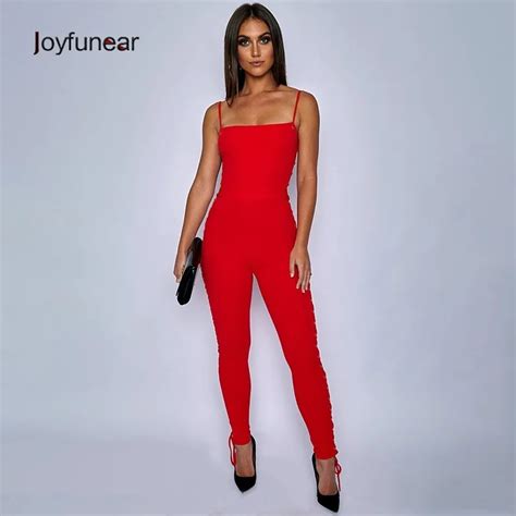 buy joyfunear 2019 red long jumsuit for women sexy bandage hollow out overalls