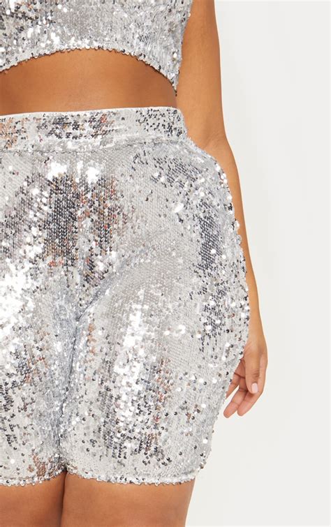 Silver Sequin Bike Shorts Plus Size Prettylittlething Usa