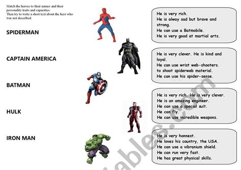 Super Heroes Matching Description Esl Worksheet By Yucatanette