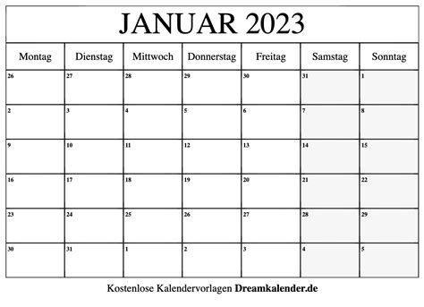 Kalender Januar 2023